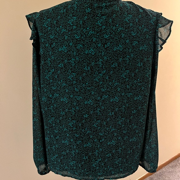 J. Crew Dark Teal Floral Blouse with Ruffles - Picture 3 of 4